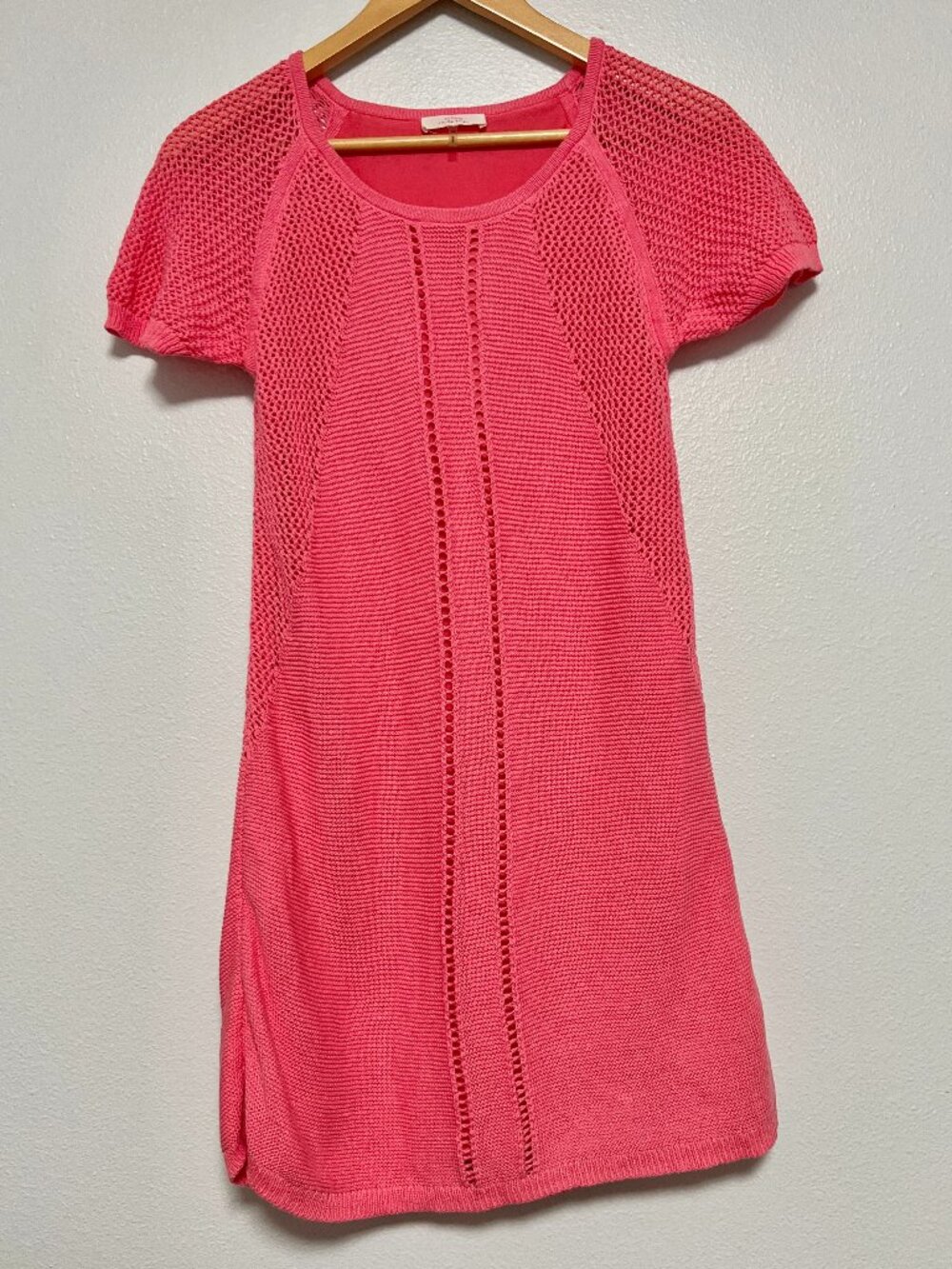 Trina Turk Charlene Coral Pink Cotton Crochet Knit Lined Shift Sweater Dress M
